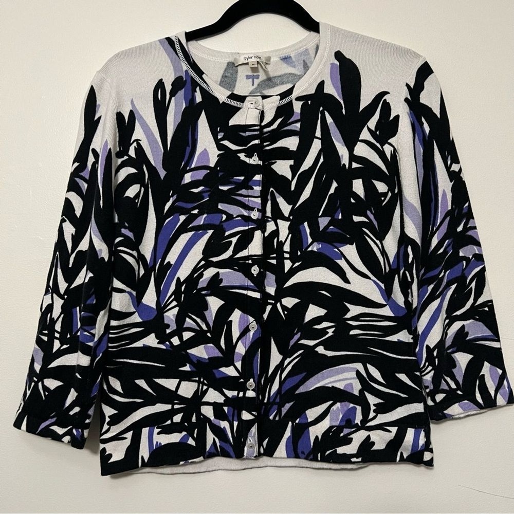 Tyler Böe Cardigan Medium Cotton‎ Silk Blend Purple Black White 3/4 Sleeve